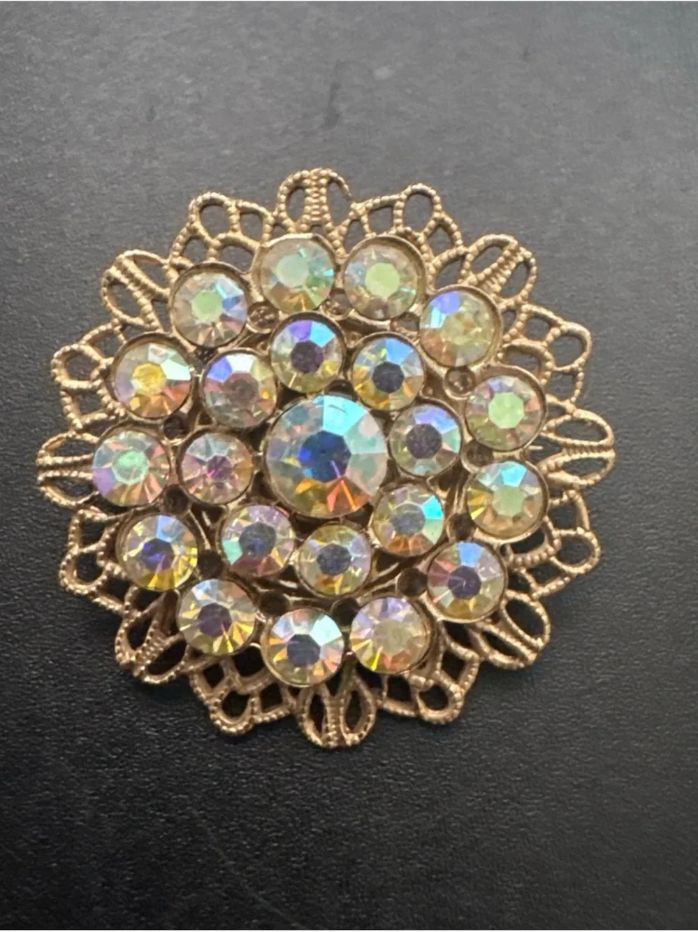 Aurora Borealis Rhinestone Filigree Brooch - Gold Tone